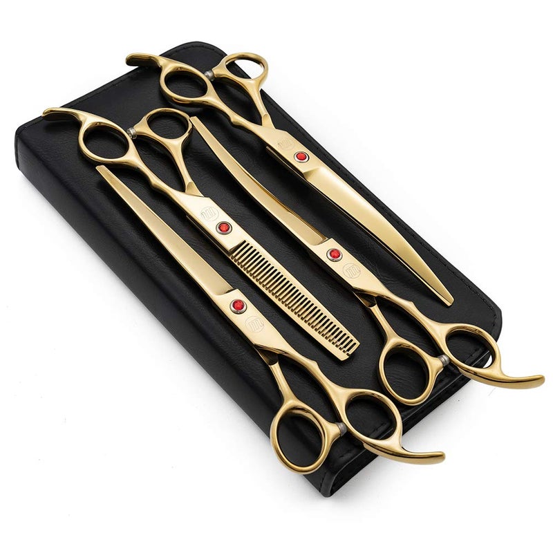 Moontay Professional 7.0" Dog Grooming Scissors Set, 4-pieces Straight, Upward Curved, Downward Curved, Thinning/Blending Shears for Dog, Cat and Pets, JP Stainless Steel, Gold - Image 1